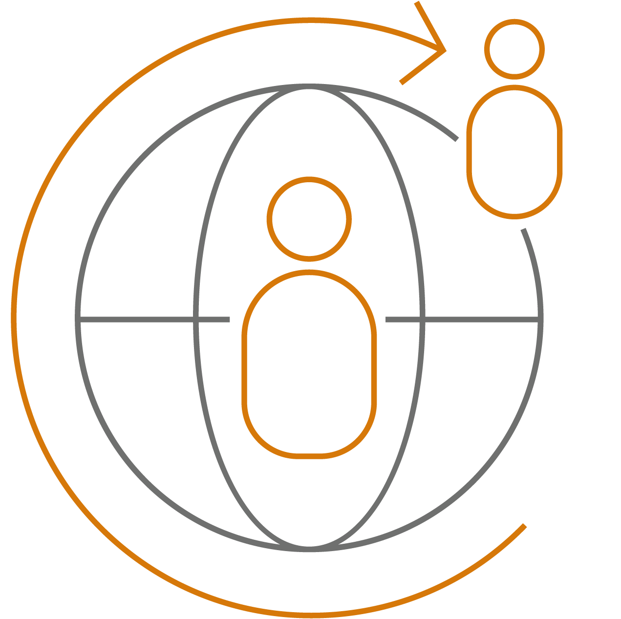 Global Distribution – ROTOP CDMO Services ROTOP Global Distribution icon showing a globe with an arrow around it and two people, representing worldwide reach and reliable logistics