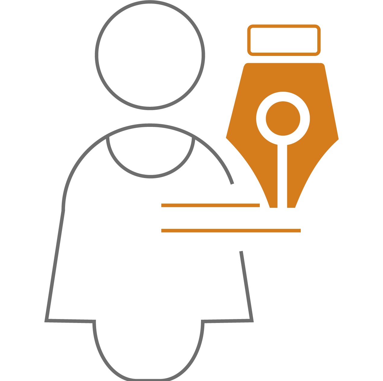Medical Affairs Icon – ROTOP CDMO Services ROTOP Medical Affairs icon showing a person with a pen and two lines, representing medical expertise, documentation, and communication.