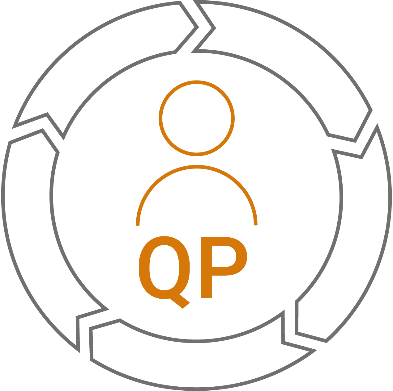 Qualified Person Icon – ROTOP CDMO Services ROTOP Qualified Person Services icon showing a person in the center of interlocking arrows with "QP" below, representing regulatory oversight and accountability.