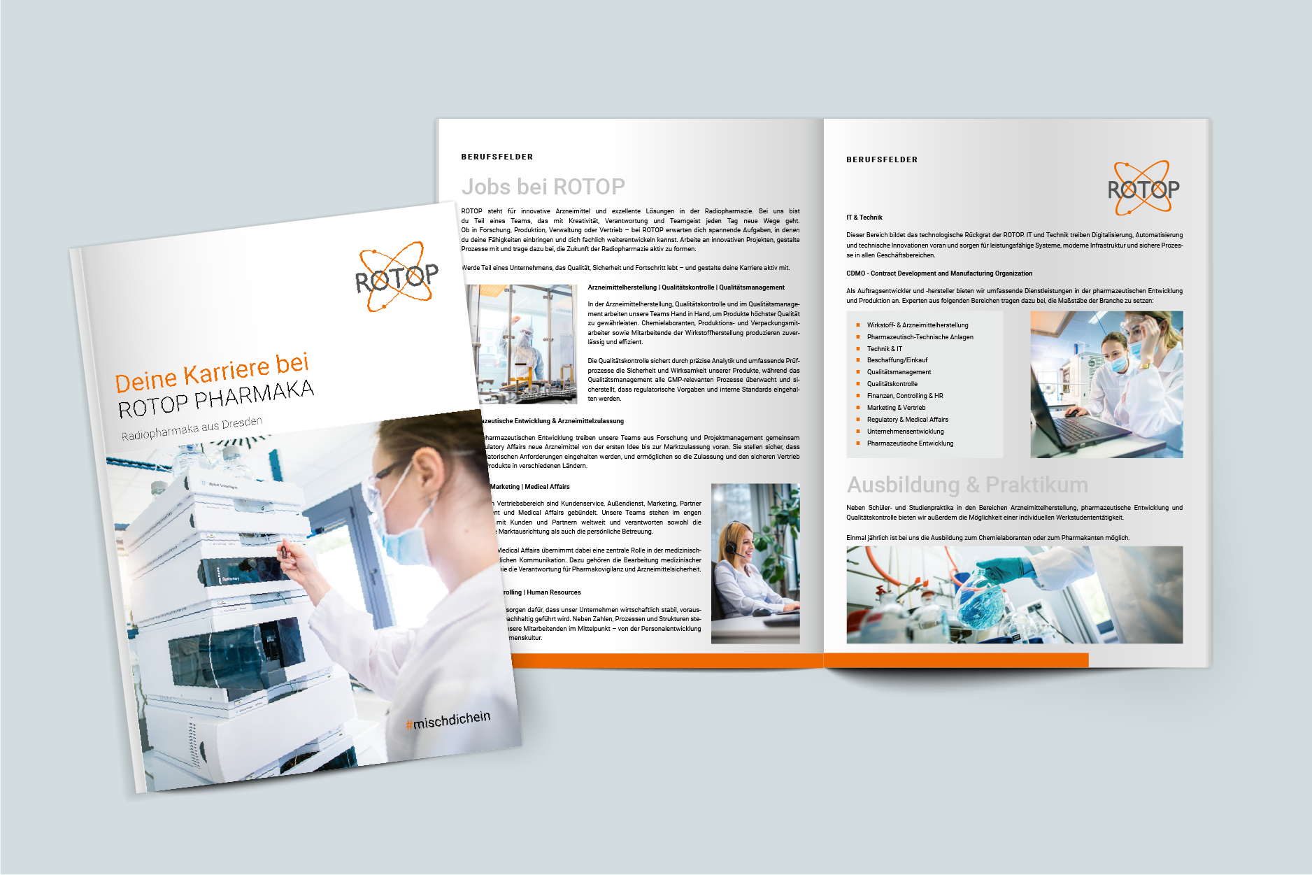 Mockup der ROTOP Arbeitgeberbroschüre mit Informationen zu Karriere, Ausbildung und Arbeiten bei ROTOP